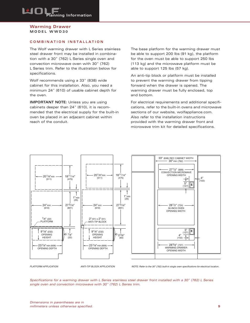 Warming drawer, Planning information | Wolf Appliance Company WWD30 User Manual | Page 9 / 11