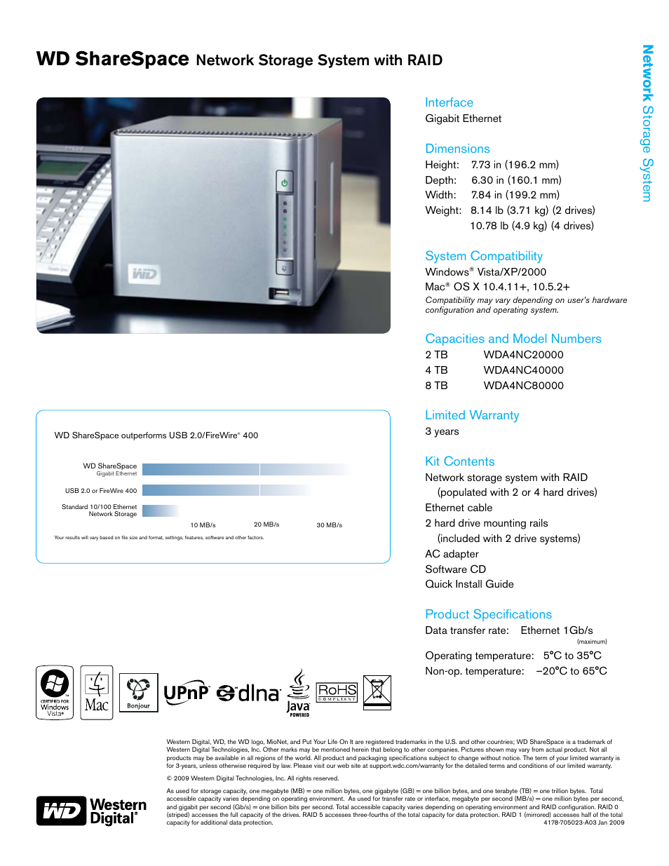 Wd sharespace, Network storage system with raid, Network storage system | Interface, Dimensions, System compatibility, Capacities and model numbers, Limited warranty, Kit contents, Product specifications | Western Digital ShareSpace WDA4NC80000 User Manual | Page 2 / 2