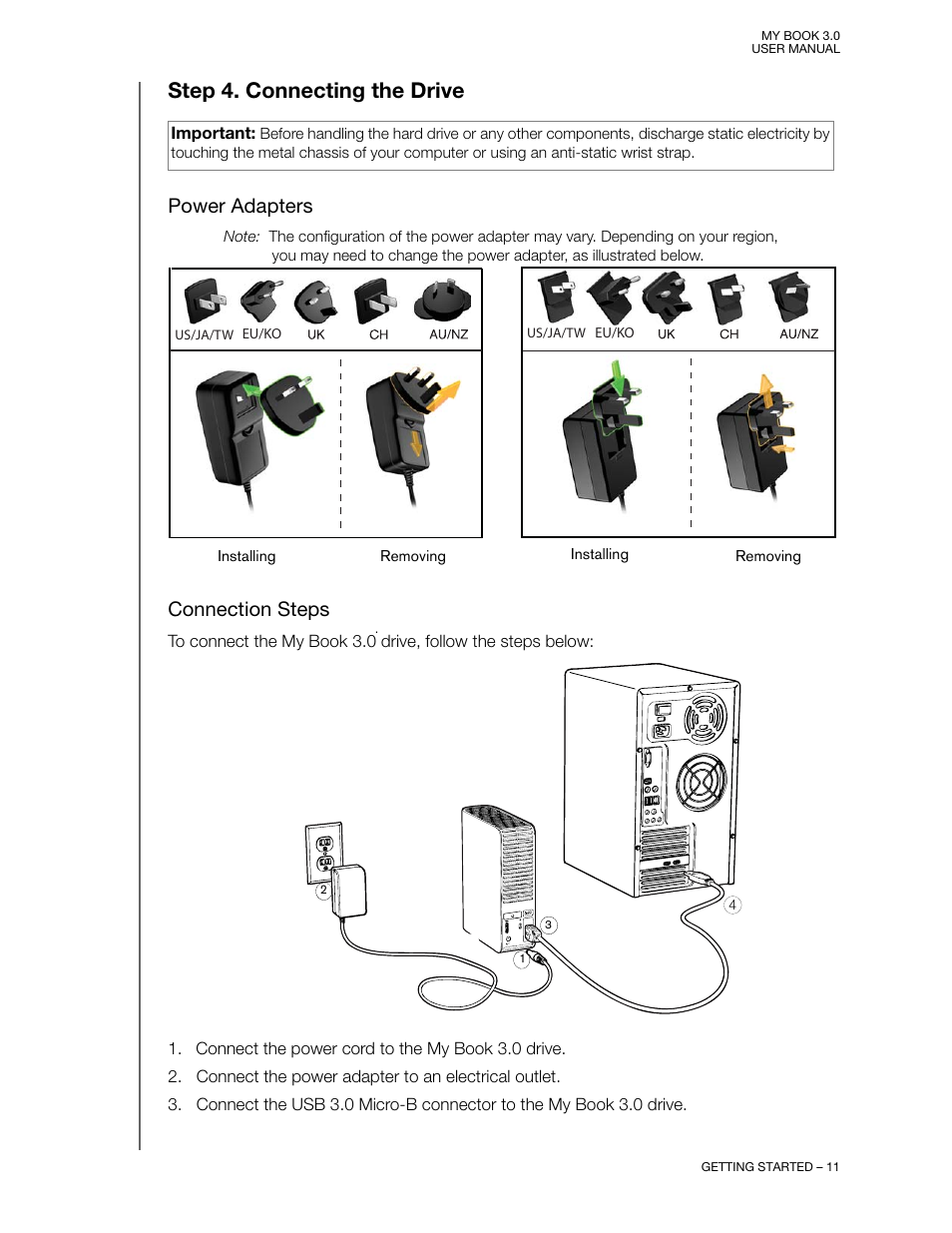 Step 4. connecting the drive, Power adapters, Connection steps | Skip to, Step 4. connecting the | Western Digital MY BOOK 3 User Manual | Page 14 / 21