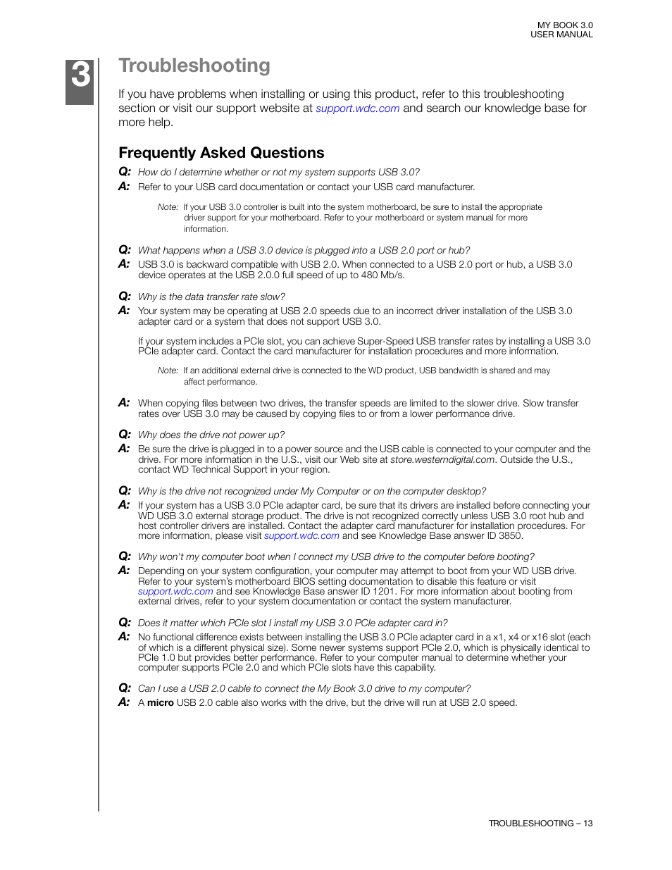 Troubleshooting, Frequently asked questions | Western Digital MY BOOK 3 User Manual | Page 16 / 21