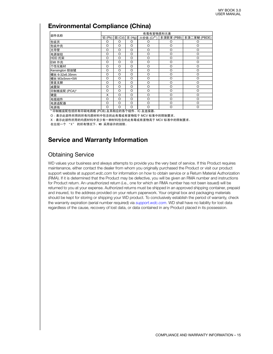 Environmental compliance (china), Service and warranty information, Obtaining service | Western Digital MY BOOK 3 User Manual | Page 18 / 21