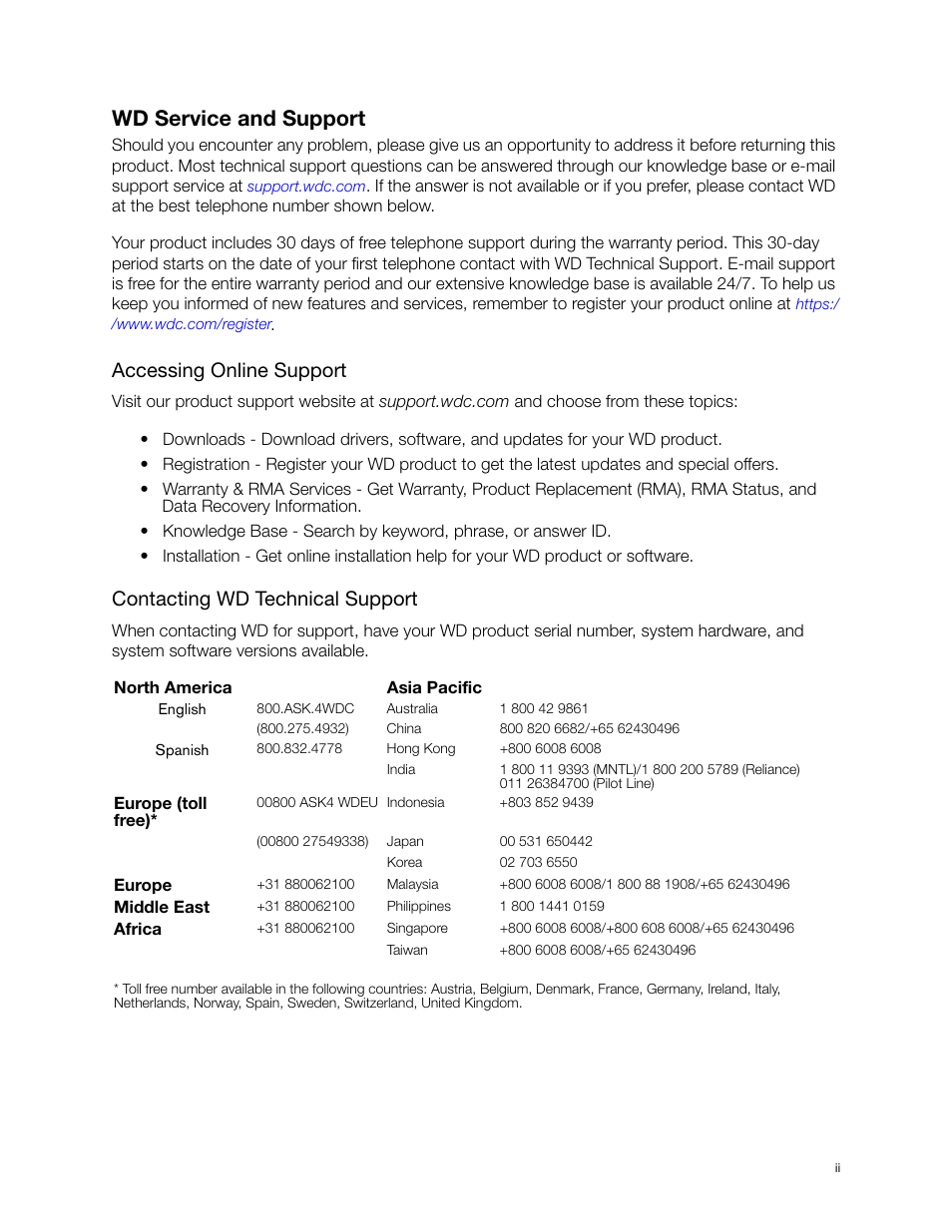 Wd service and support, Accessing online support, Contacting wd technical support | Western Digital MY BOOK 3 User Manual | Page 2 / 21