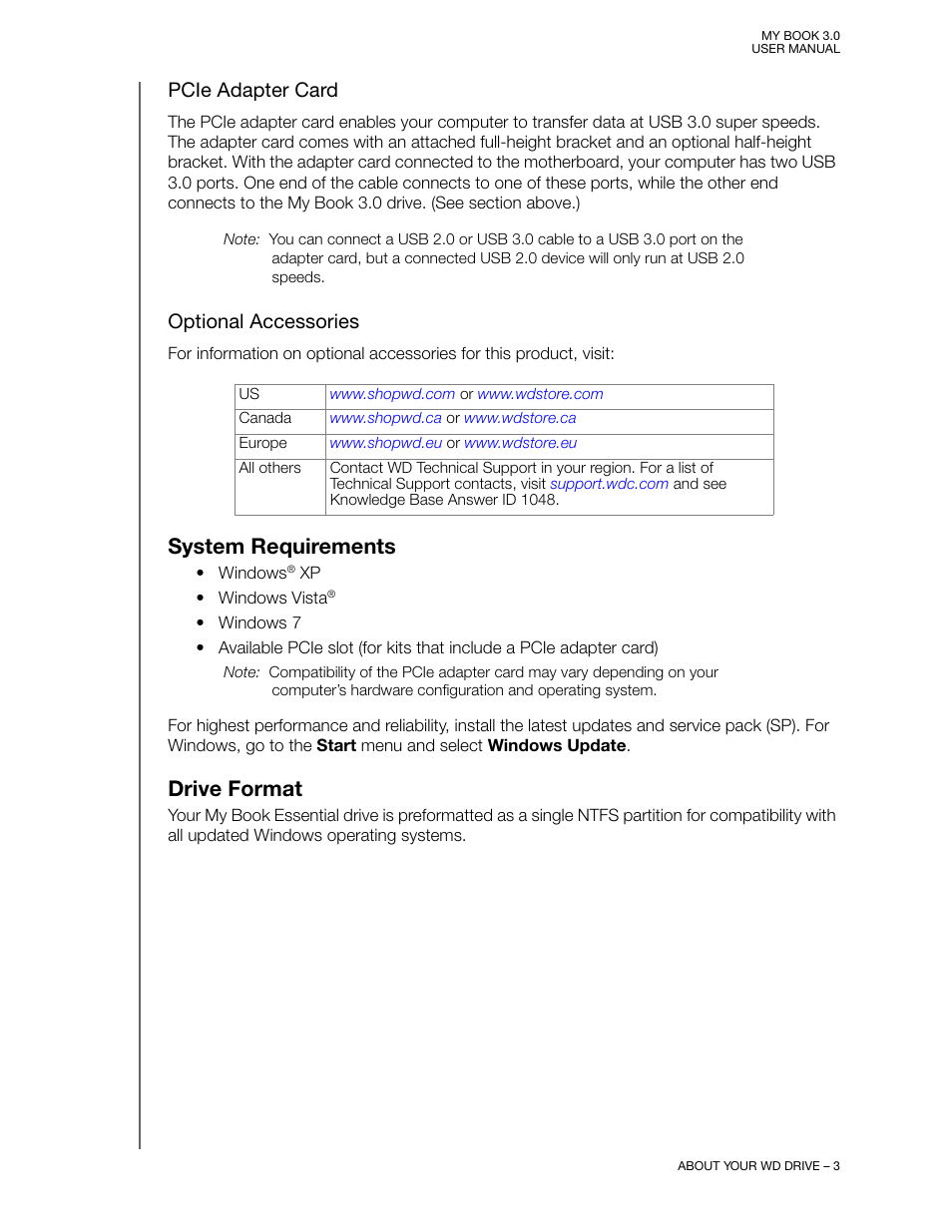 Pcie adapter card, Optional accessories, System requirements | Drive format | Western Digital MY BOOK 3 User Manual | Page 6 / 21