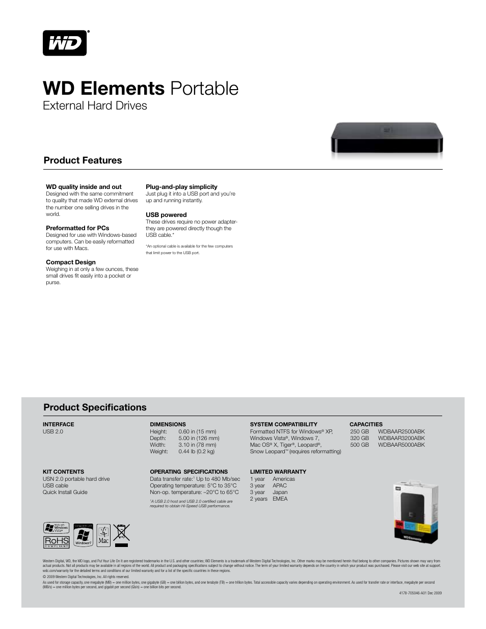 Wd elements portable, External hard drives, Product features product specifications | Western Digital WD Elements WDBAAR3200 User Manual | Page 2 / 2