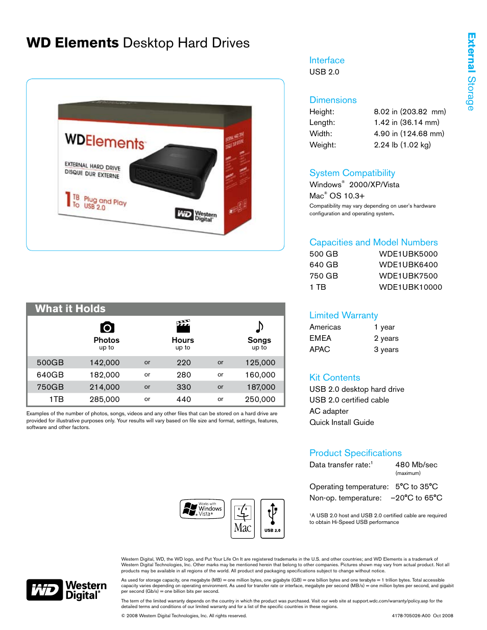 Wd elements desktop hard drives, What it holds, External storage | Interface, Dimensions, System compatibility, Capacities and model numbers, Limited warranty, Kit contents, Product specifications | Western Digital WD Element Desktop WDE1UBK10000 User Manual | Page 2 / 2
