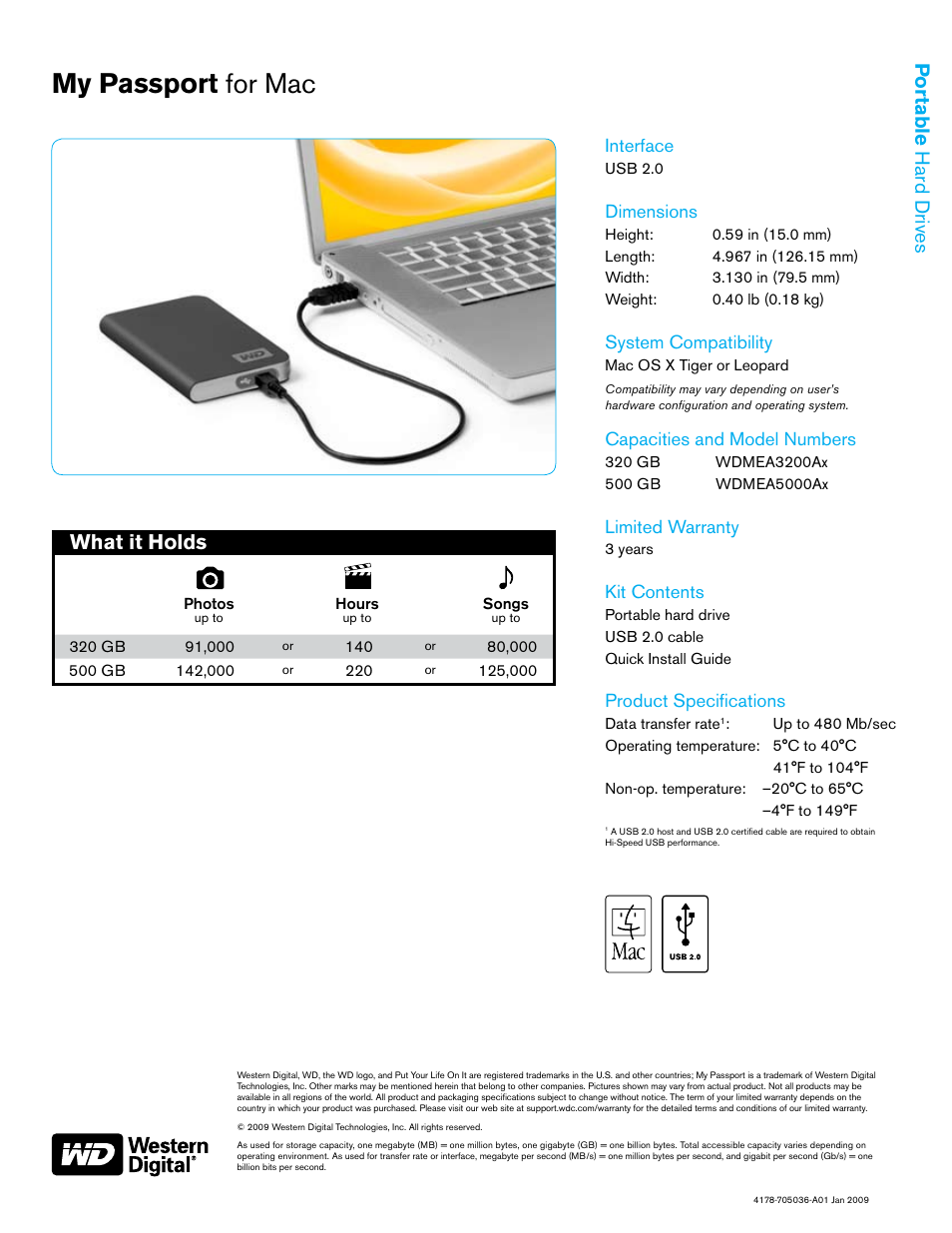 My passport for mac, What it holds, Portable hard drives | Interface, Dimensions, System compatibility, Capacities and model numbers, Limited warranty, Kit contents, Product specifications | Western Digital My Passport WDMEA5000Ax User Manual | Page 2 / 2