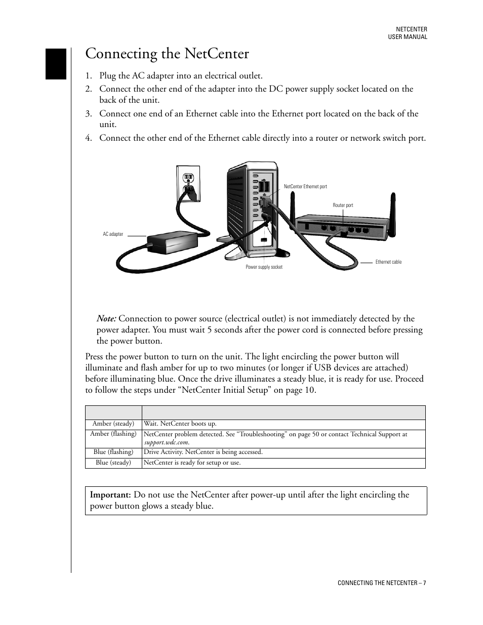 Connecting the netcenter, Powering up the drive | Western Digital Network hard drive User Manual | Page 11 / 63