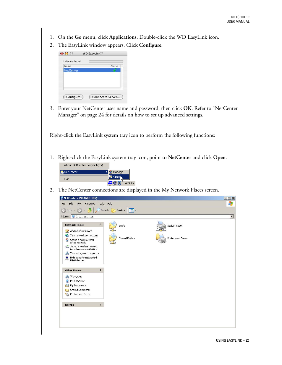 Macintosh, Easylink system tray icon (windows), Opening the netcenter | Western Digital Network hard drive User Manual | Page 26 / 63