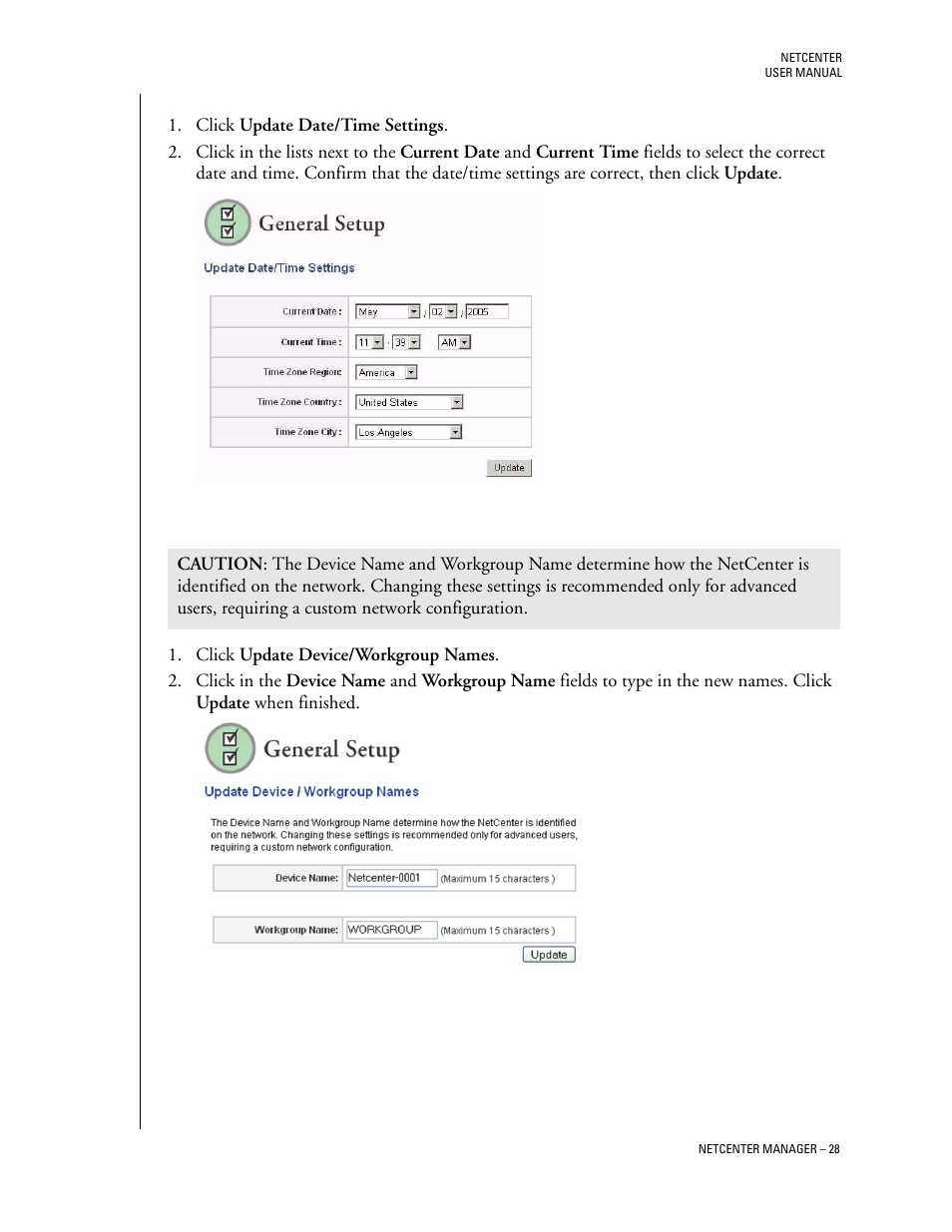 Update date/time settings, Update device/workgroup names | Western Digital Network hard drive User Manual | Page 32 / 63