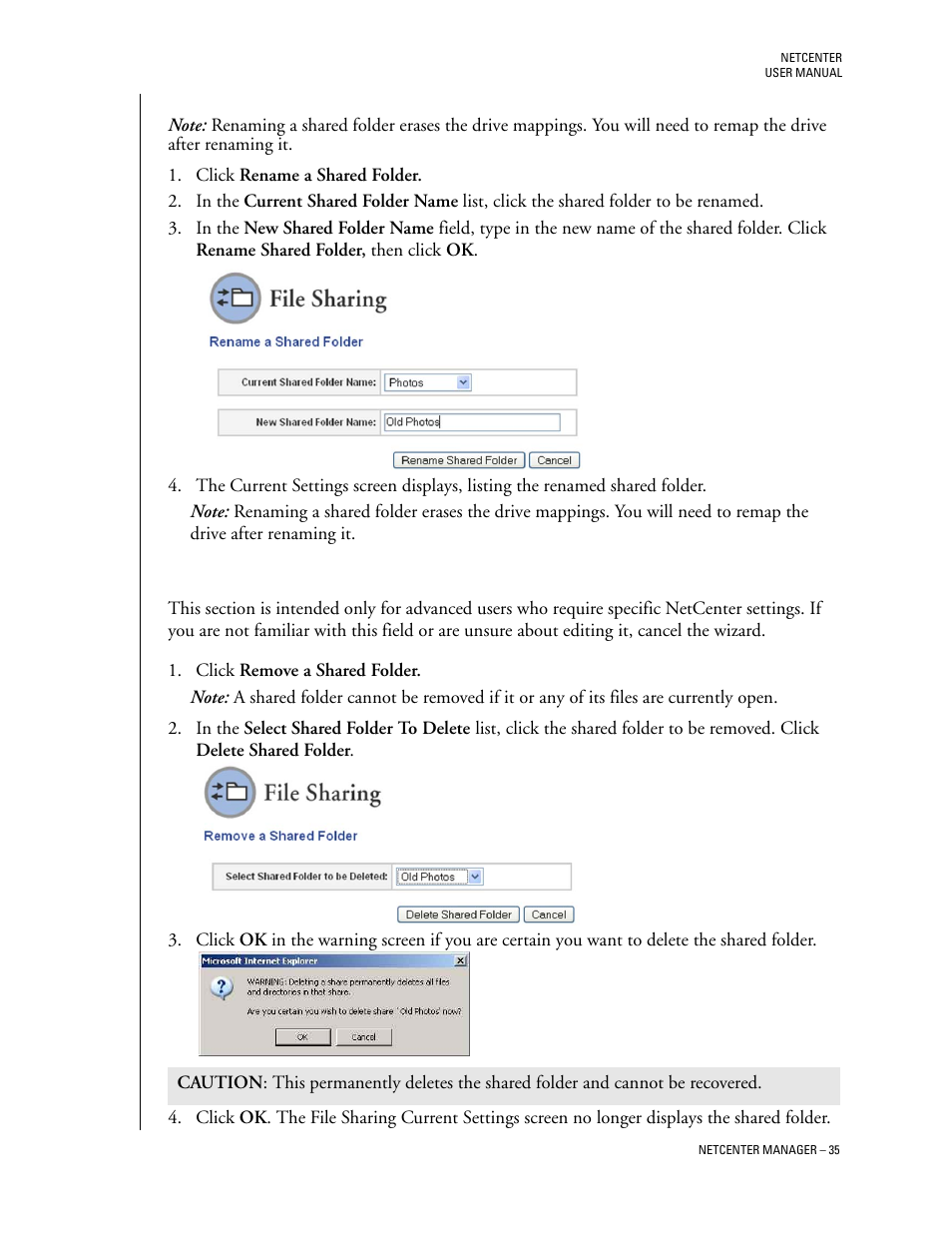 Rename a shared folder, Remove a shared folder | Western Digital Network hard drive User Manual | Page 39 / 63