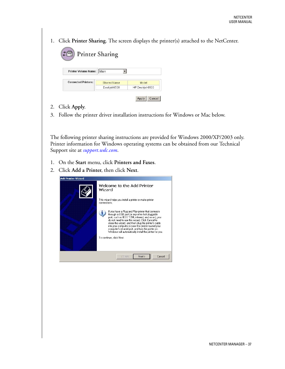 Printer sharing, Windows | Western Digital Network hard drive User Manual | Page 41 / 63