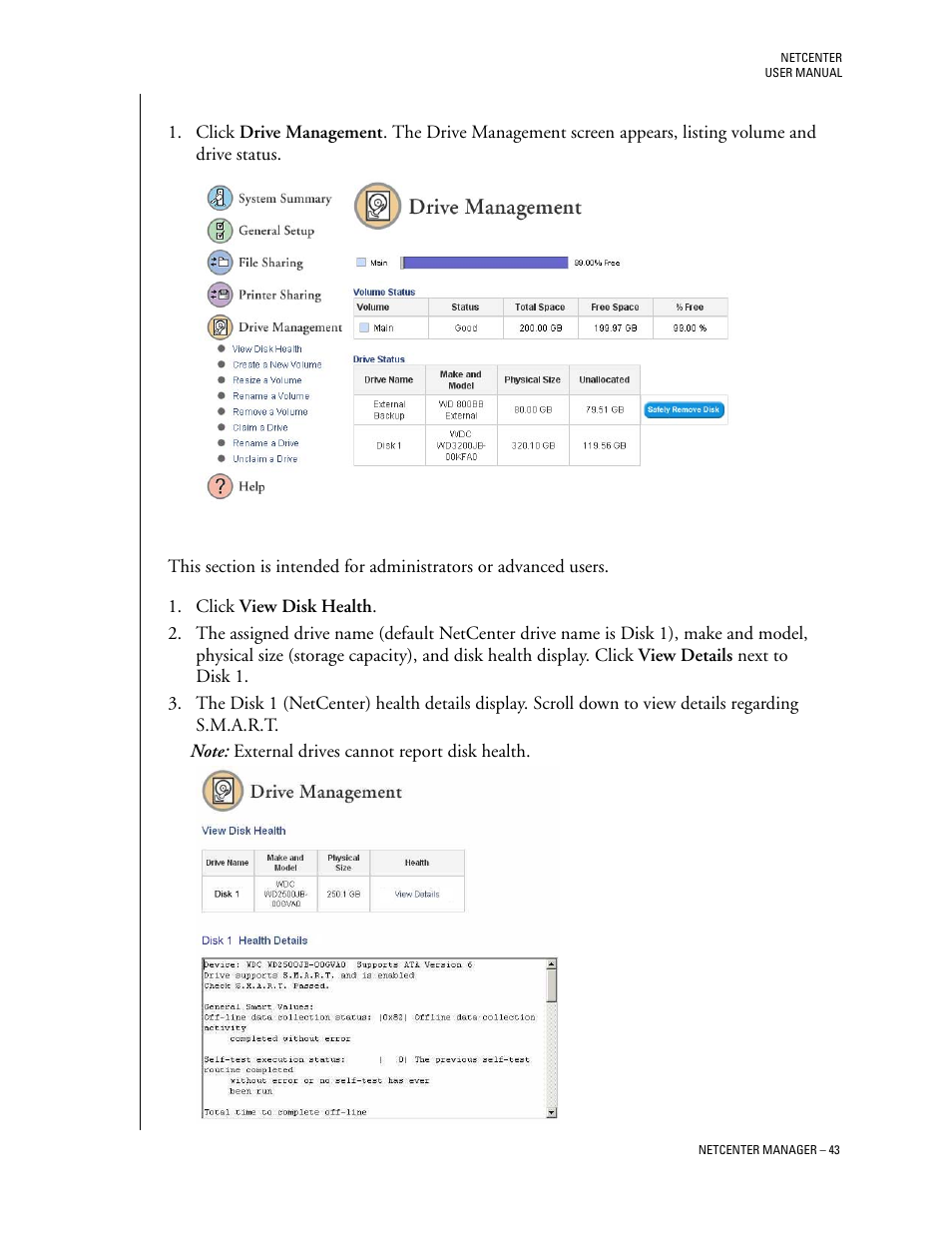 Drive management, View disk health | Western Digital Network hard drive User Manual | Page 47 / 63