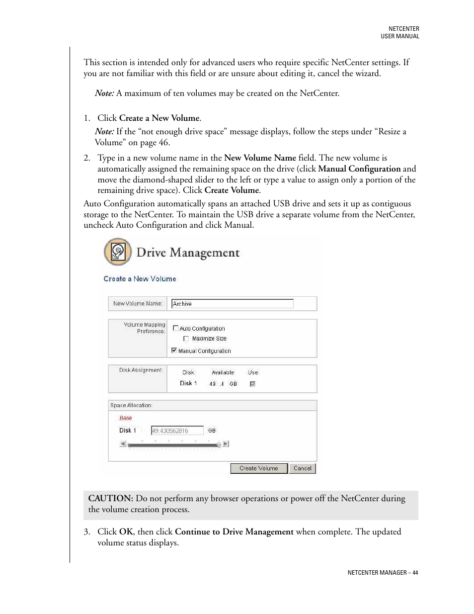 Create a new volume, Create a new volume on the netcenter | Western Digital Network hard drive User Manual | Page 48 / 63