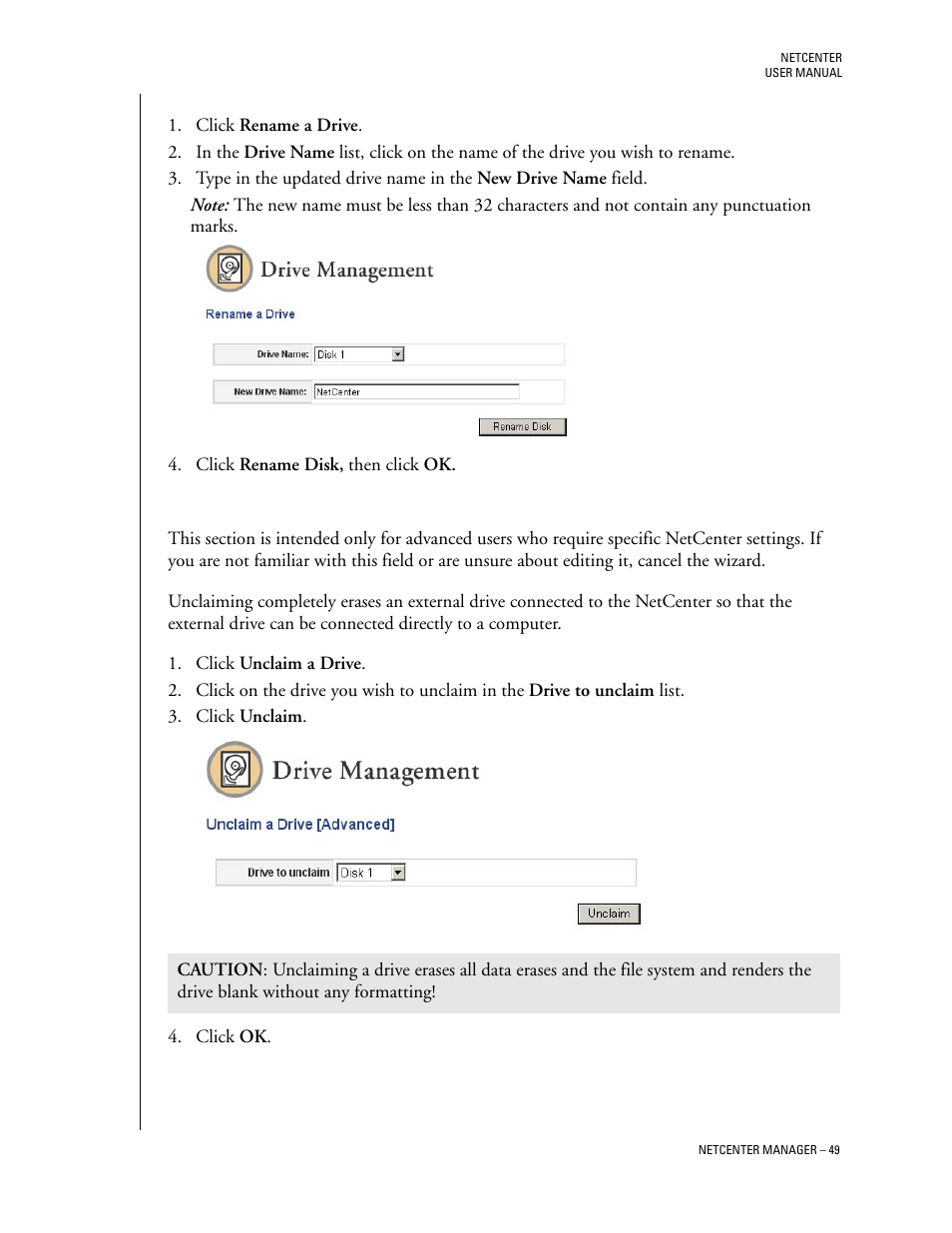 Rename a drive, Unclaim a drive | Western Digital Network hard drive User Manual | Page 53 / 63