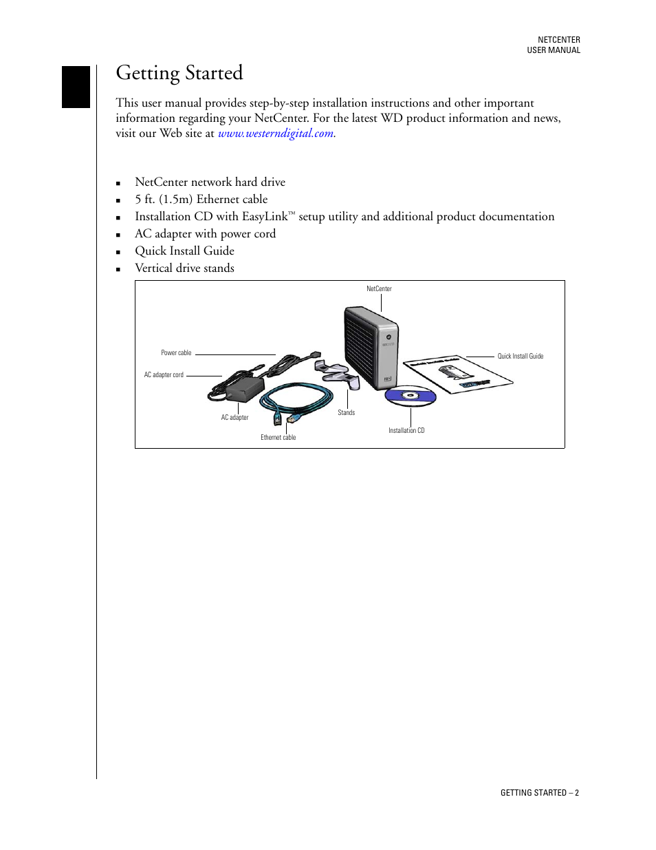 Getting started, Kit contents | Western Digital Network hard drive User Manual | Page 6 / 63