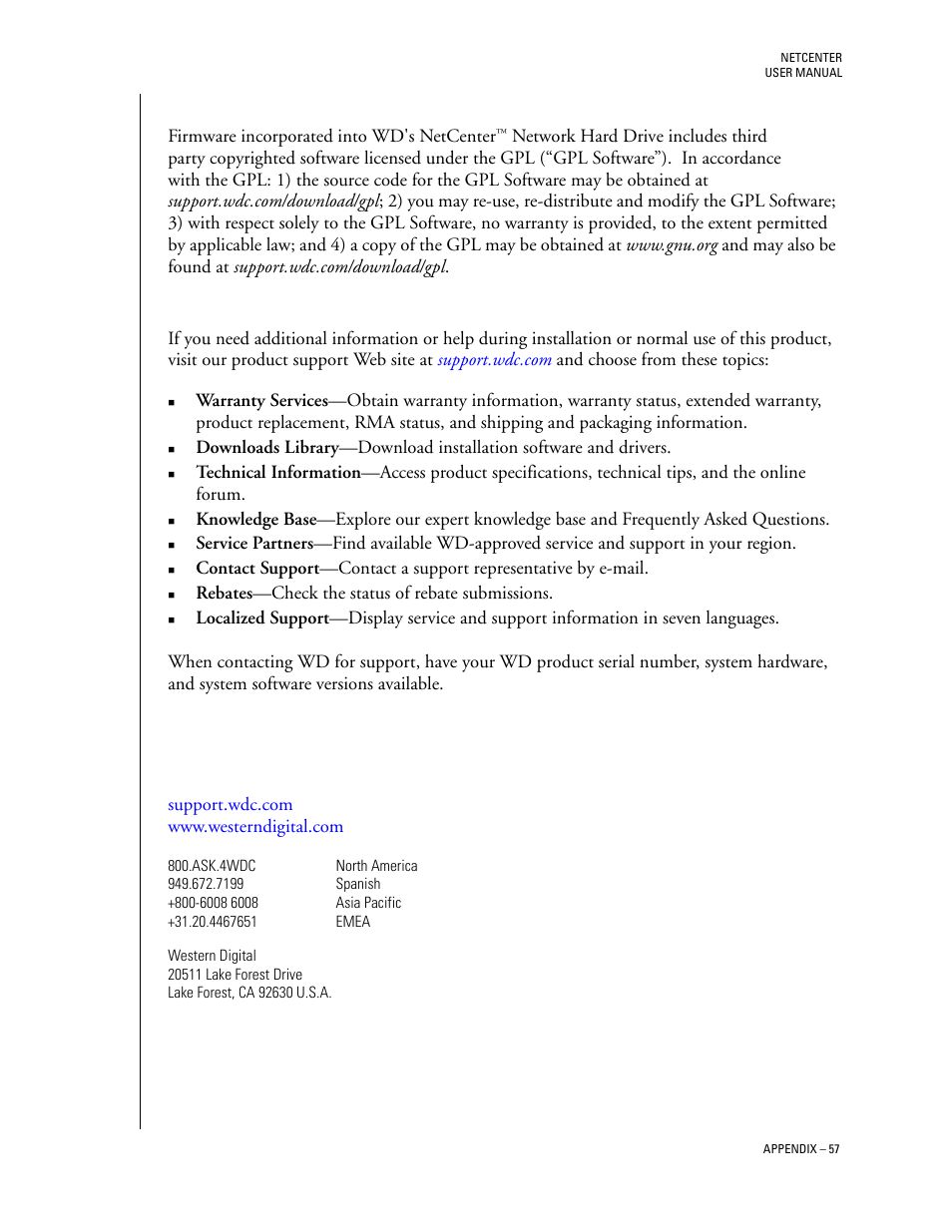 Gnu general public license (“gpl”), Wd service and support | Western Digital Network hard drive User Manual | Page 61 / 63