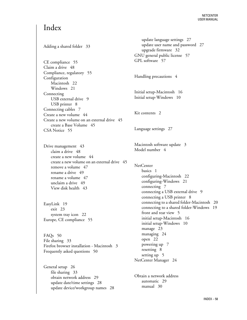 Index | Western Digital Network hard drive User Manual | Page 62 / 63