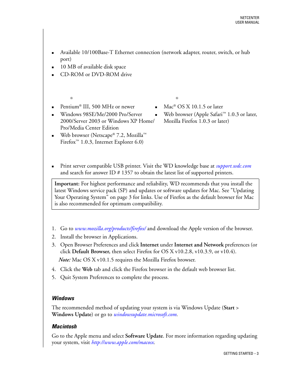 System requirements, Hardware, Software | Windows, Macintosh, Print server, Firefox browser installation - macintosh, Updating your operating system | Western Digital Network hard drive User Manual | Page 7 / 63