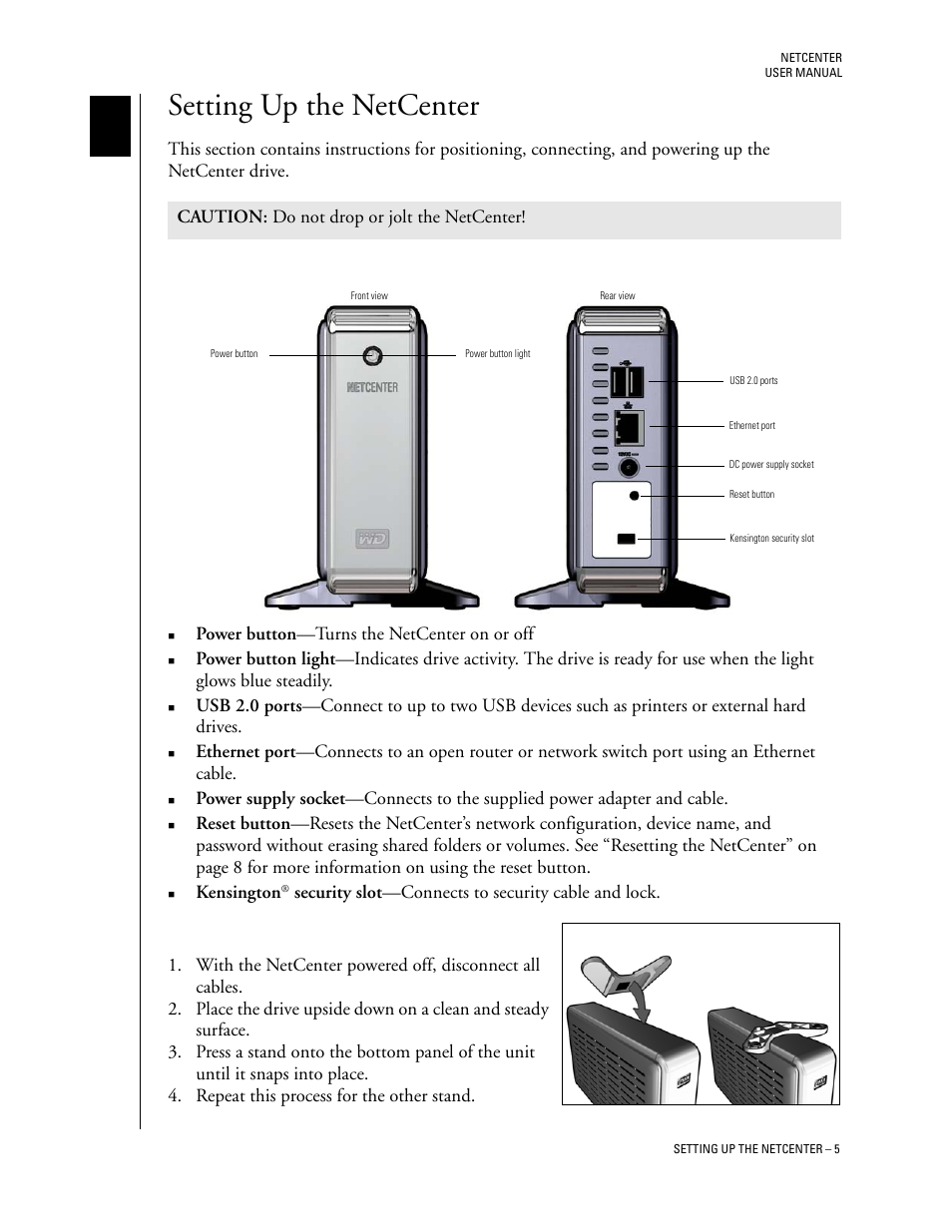 Setting up the netcenter, Netcenter front and rear view, Installing the stands for vertical placement | Western Digital Network hard drive User Manual | Page 9 / 63