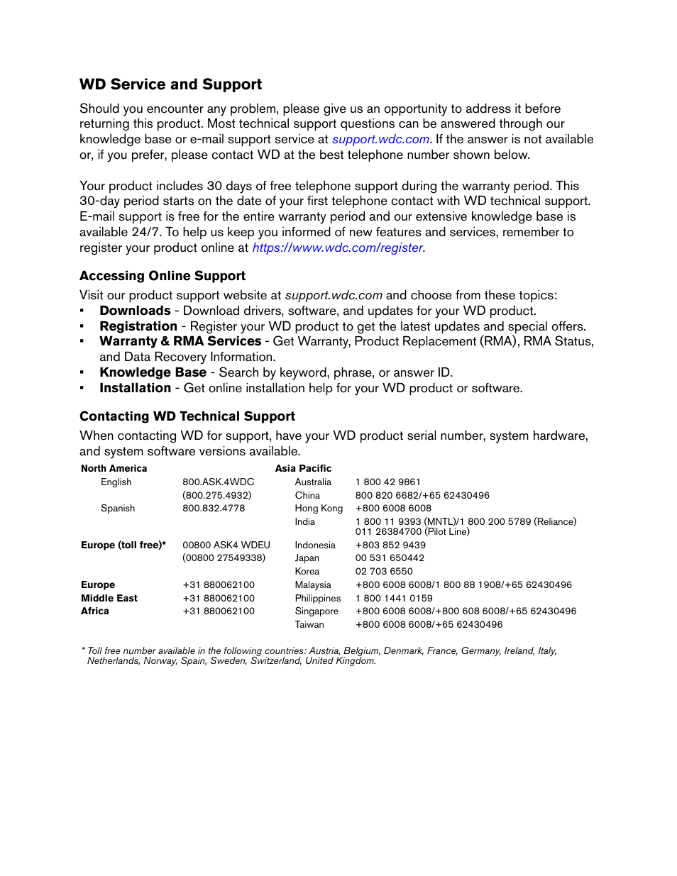 Wd service and support, Accessing online support, Contacting wd technical support | Western Digital My Passport Elite User Manual | Page 2 / 11