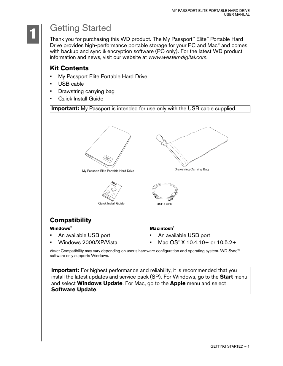 Getting started, Kit contents, Compatibility | Western Digital My Passport Elite User Manual | Page 3 / 11