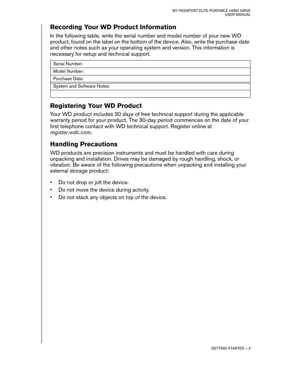 Registering your wd product, Handling precautions, Recording your wd product information | Western Digital My Passport Elite User Manual | Page 4 / 11