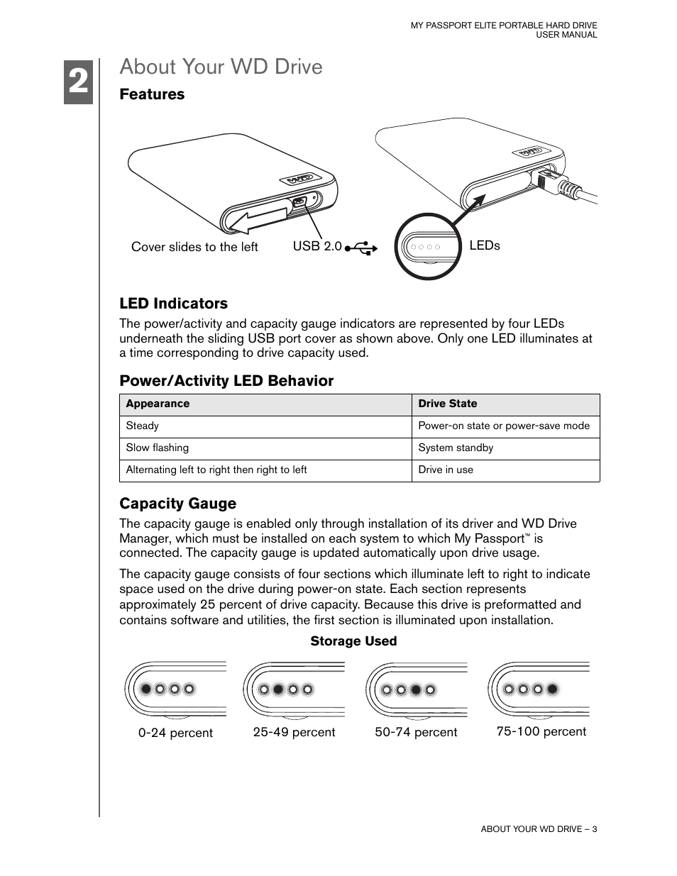 About your wd drive, Features, Led indicators | Power/activity led behavior, Capacity gauge | Western Digital My Passport Elite User Manual | Page 5 / 11