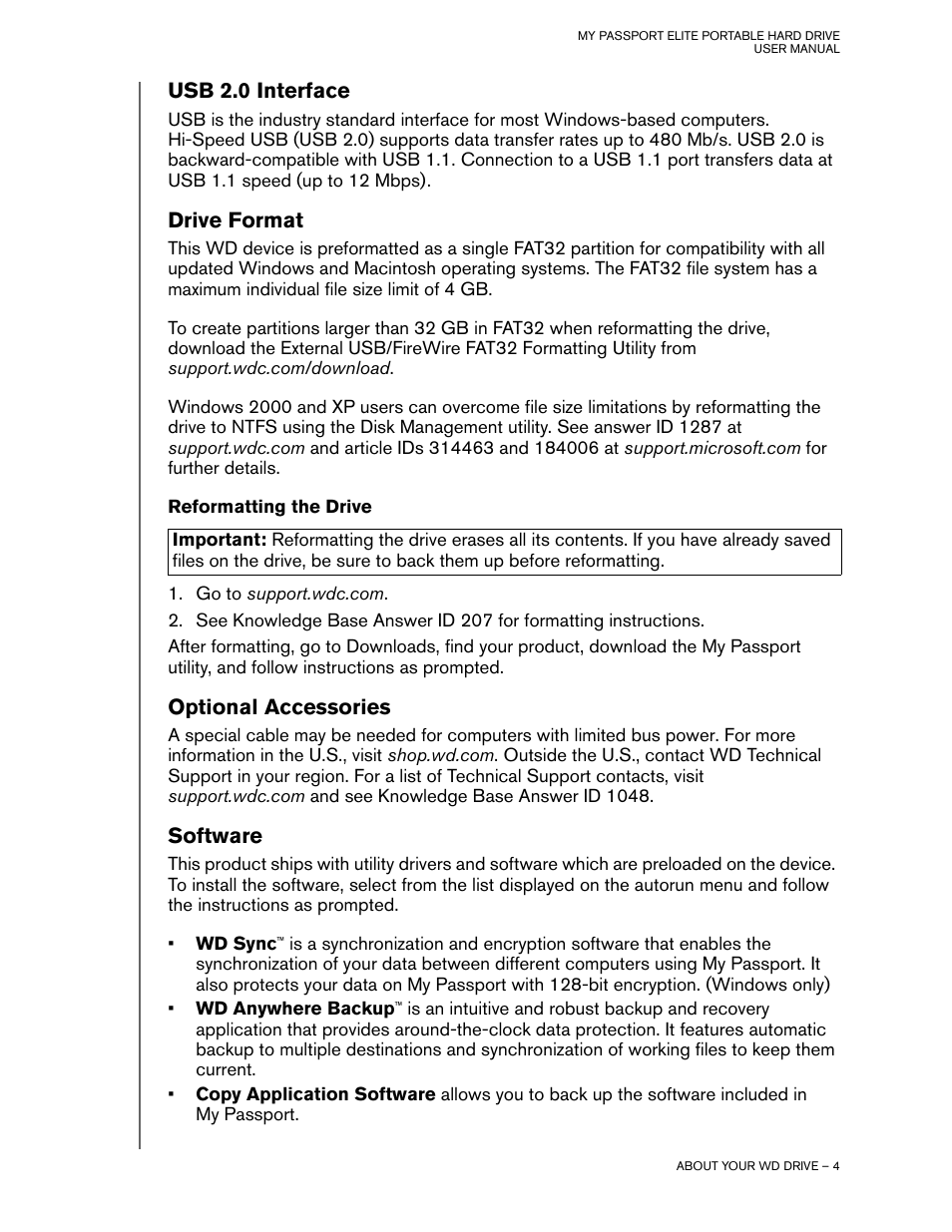 Drive format, Reformatting the drive, Optional accessories | Software, Usb 2.0 interface | Western Digital My Passport Elite User Manual | Page 6 / 11