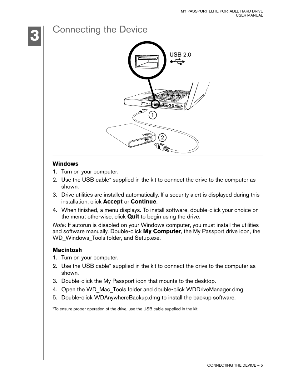 Connecting the device, Windows, Macintosh | Western Digital My Passport Elite User Manual | Page 7 / 11