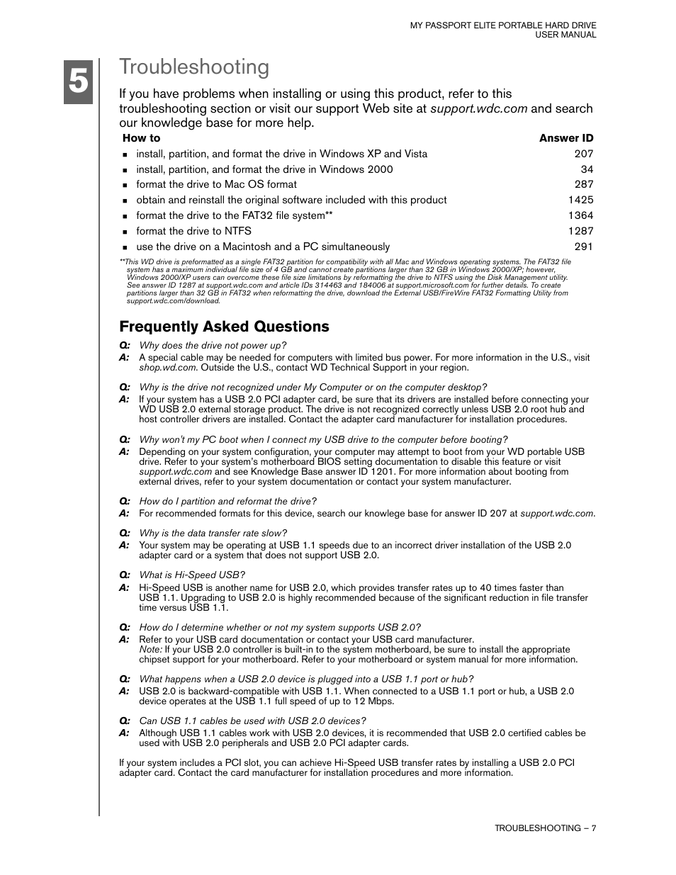 Troubleshooting, Frequently asked questions | Western Digital My Passport Elite User Manual | Page 9 / 11
