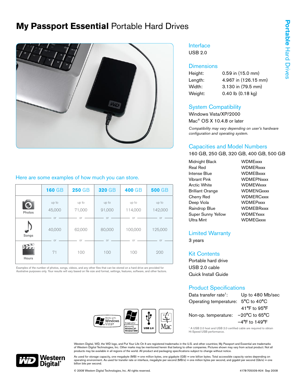 My passport essential portable hard drives, Portable hard drives, Interface | Dimensions, System compatibility, Capacities and model numbers, Limited warranty, Kit contents, Product specifications, Here are some examples of how much you can store | Western Digital Portable Hard Drive User Manual | Page 2 / 2