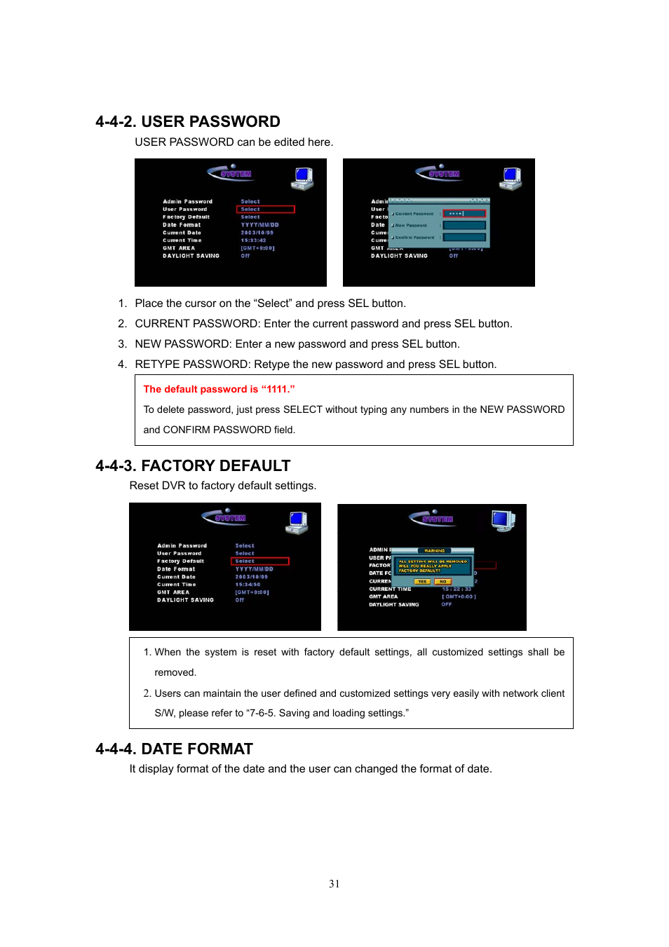 4-2. user password, 4-3. factory default, 4-4. date format | Western Digital 4CH TRIPLEX User Manual | Page 31 / 87