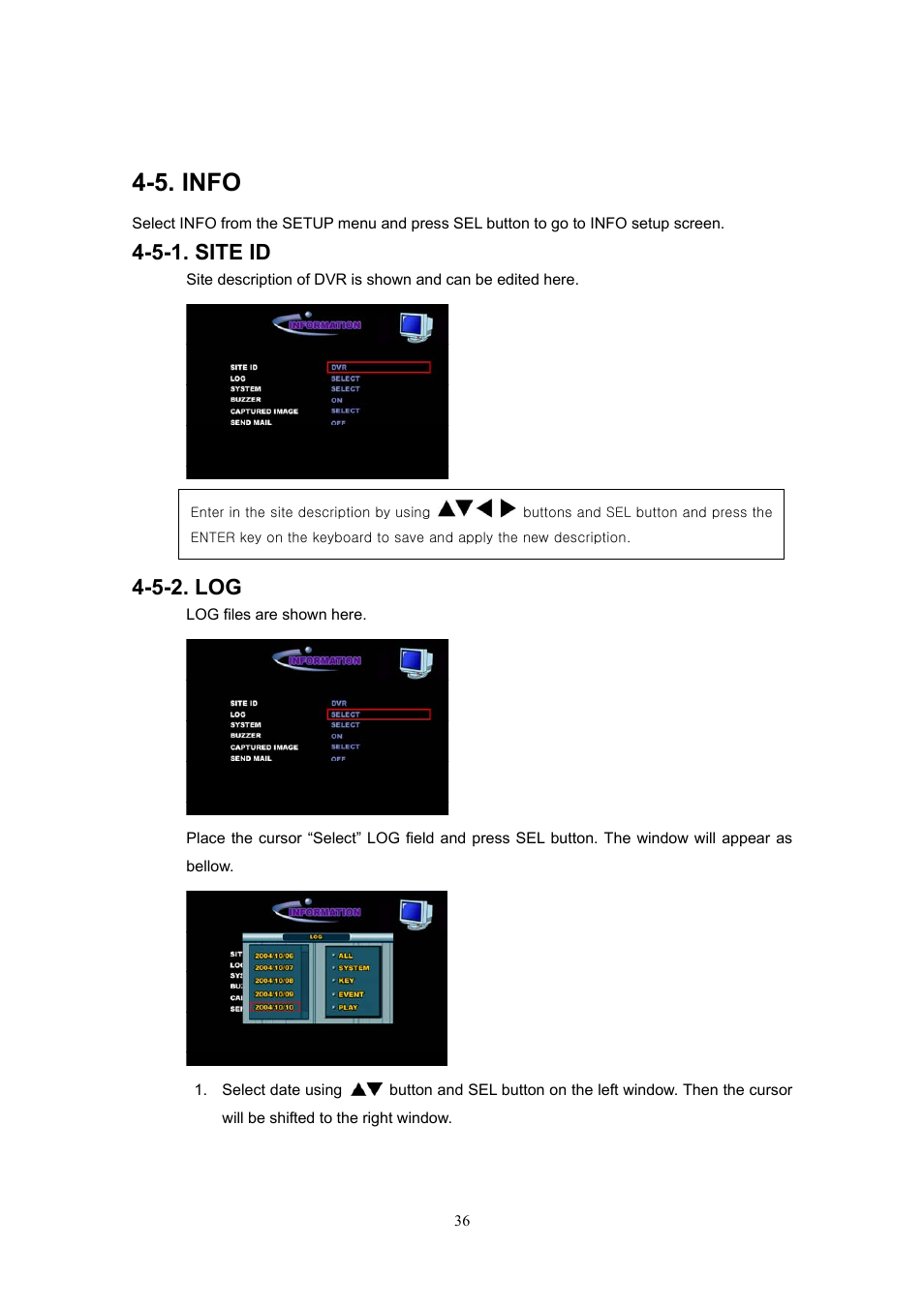 5. info, 5-1. site id, 5-2. log | Western Digital 4CH TRIPLEX User Manual | Page 36 / 87