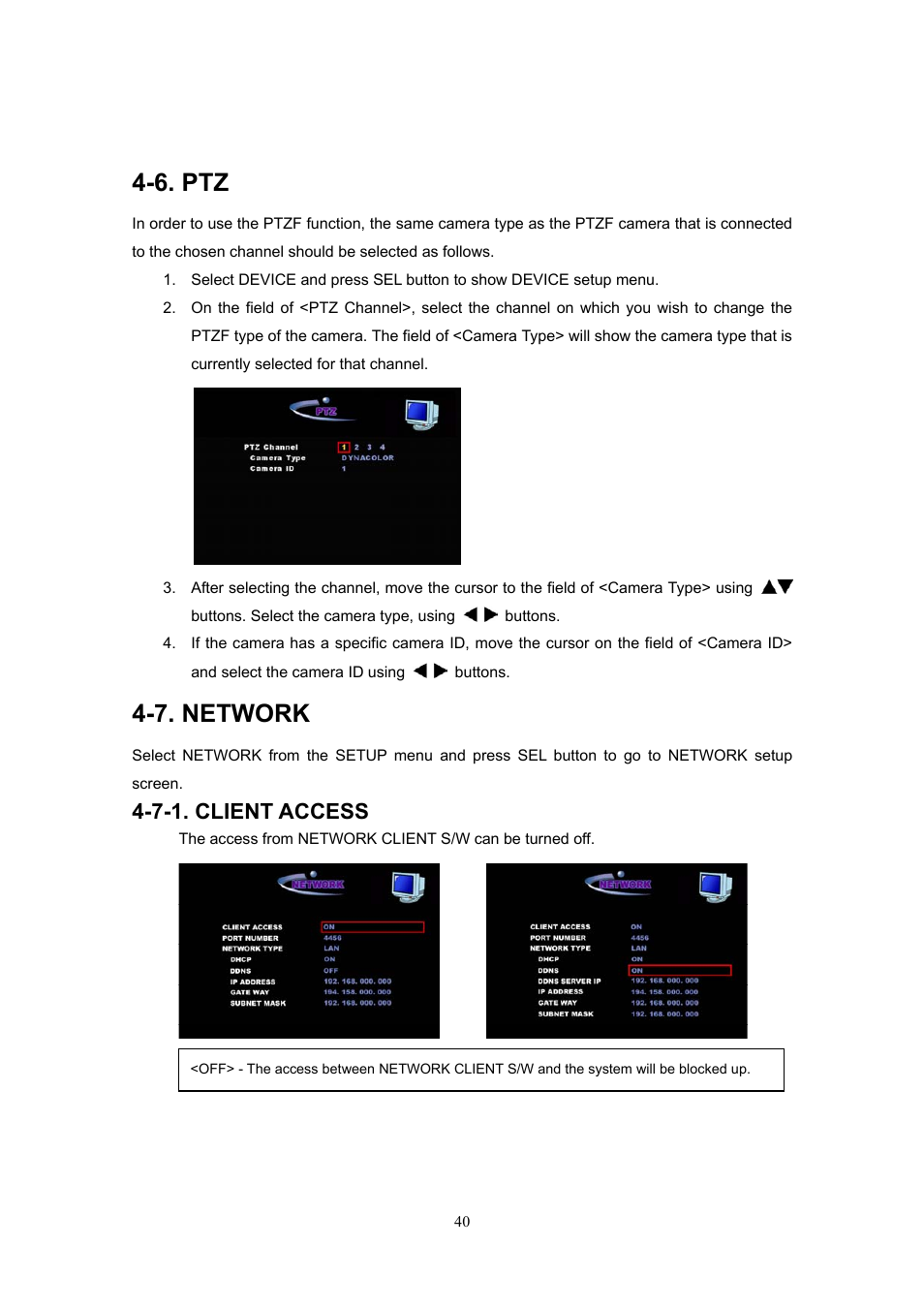 6. ptz, 7. network, 7-1. client access | Western Digital 4CH TRIPLEX User Manual | Page 40 / 87