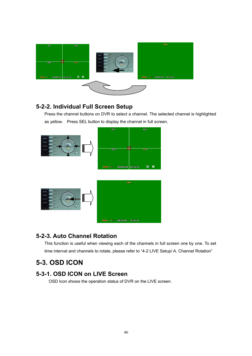 2-2. individual full screen setup, 2-3. auto channel rotation, 3. osd icon | 3-1. osd icon on live screen | Western Digital 4CH TRIPLEX User Manual | Page 46 / 87