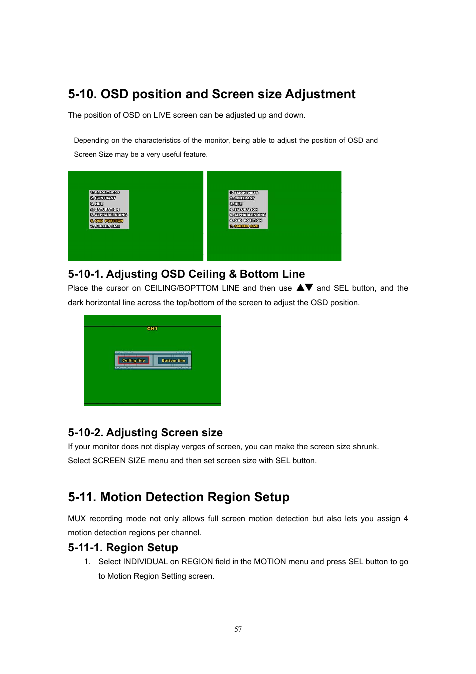 10. osd position and screen size adjustment, 10-1. adjusting osd ceiling & bottom line, 10-2. adjusting screen size | 11. motion detection region setup, 11-1. region setup | Western Digital 4CH TRIPLEX User Manual | Page 57 / 87