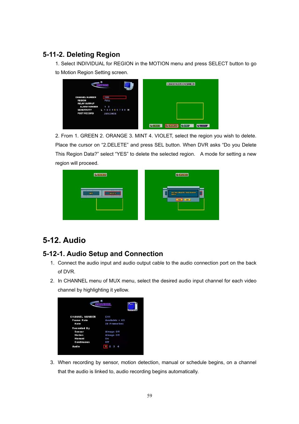 11-2. deleting region, 12. audio, 12-1. audio setup and connection | Western Digital 4CH TRIPLEX User Manual | Page 59 / 87