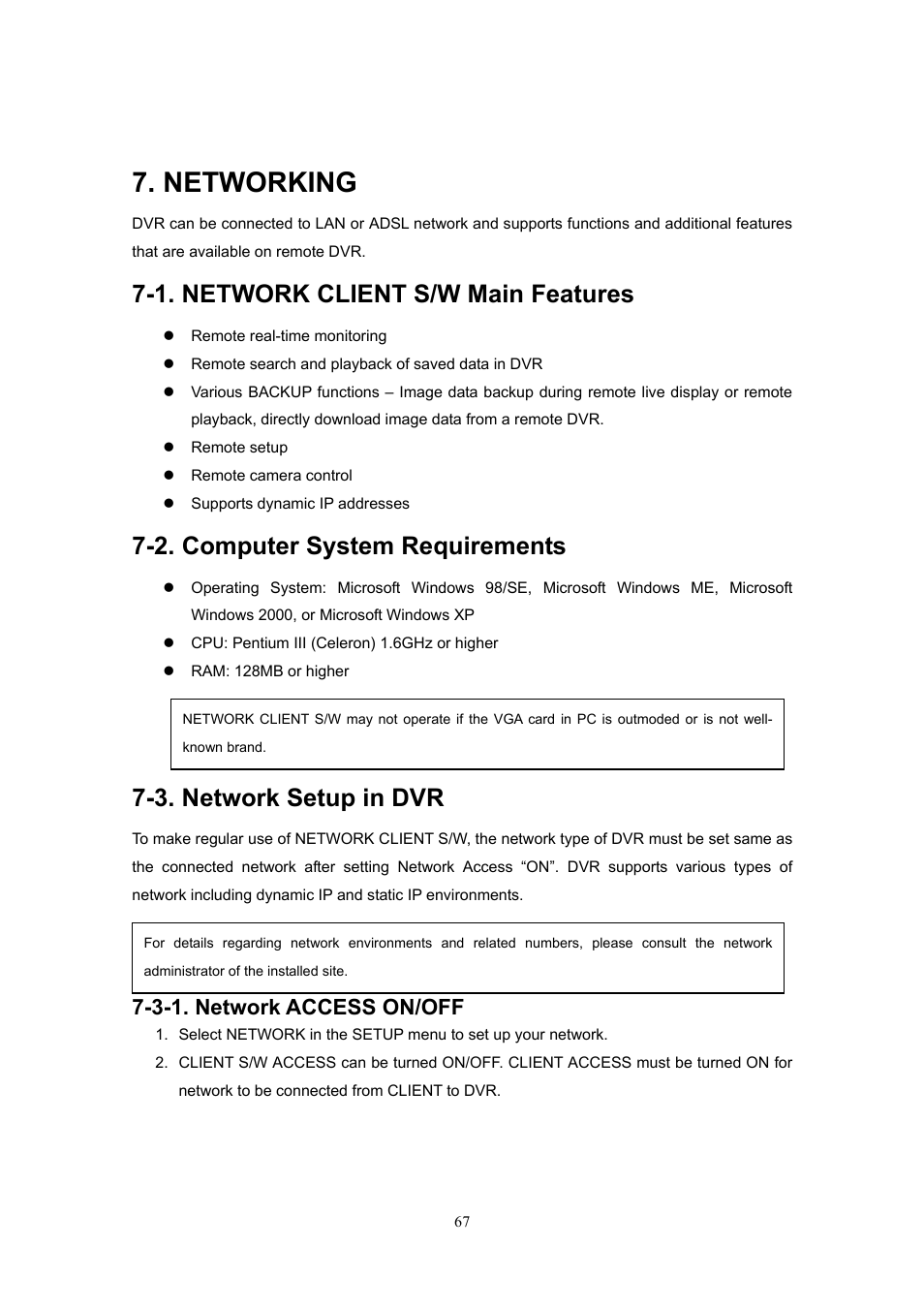 Networking, 1. network client s/w main features, 2. computer system requirements | 3. network setup in dvr, 3-1. network access on/off | Western Digital 4CH TRIPLEX User Manual | Page 67 / 87