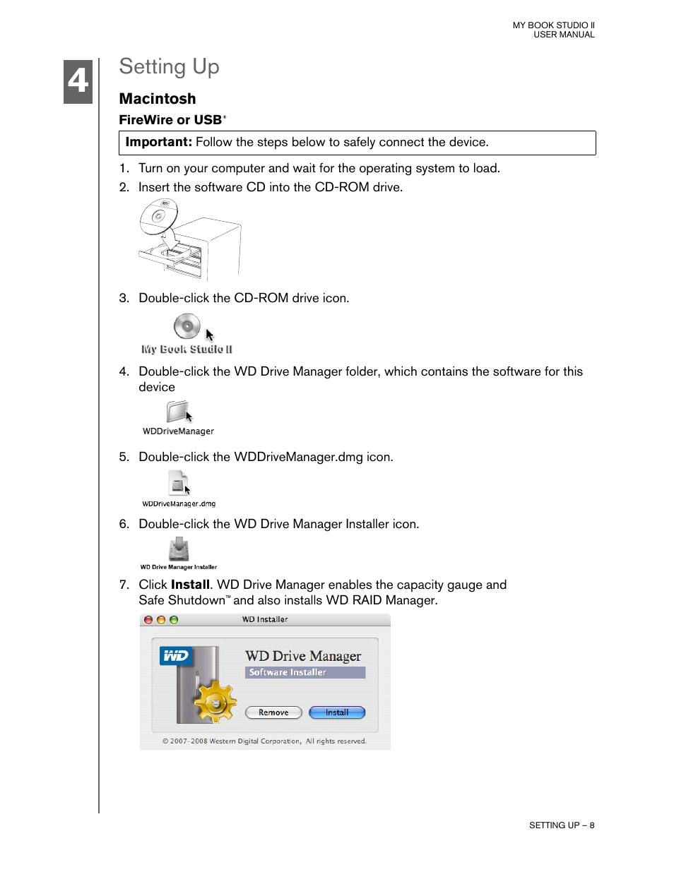 Setting up, Macintosh, Firewire or usb | Western Digital My Book Studio Edition II User Manual | Page 11 / 38