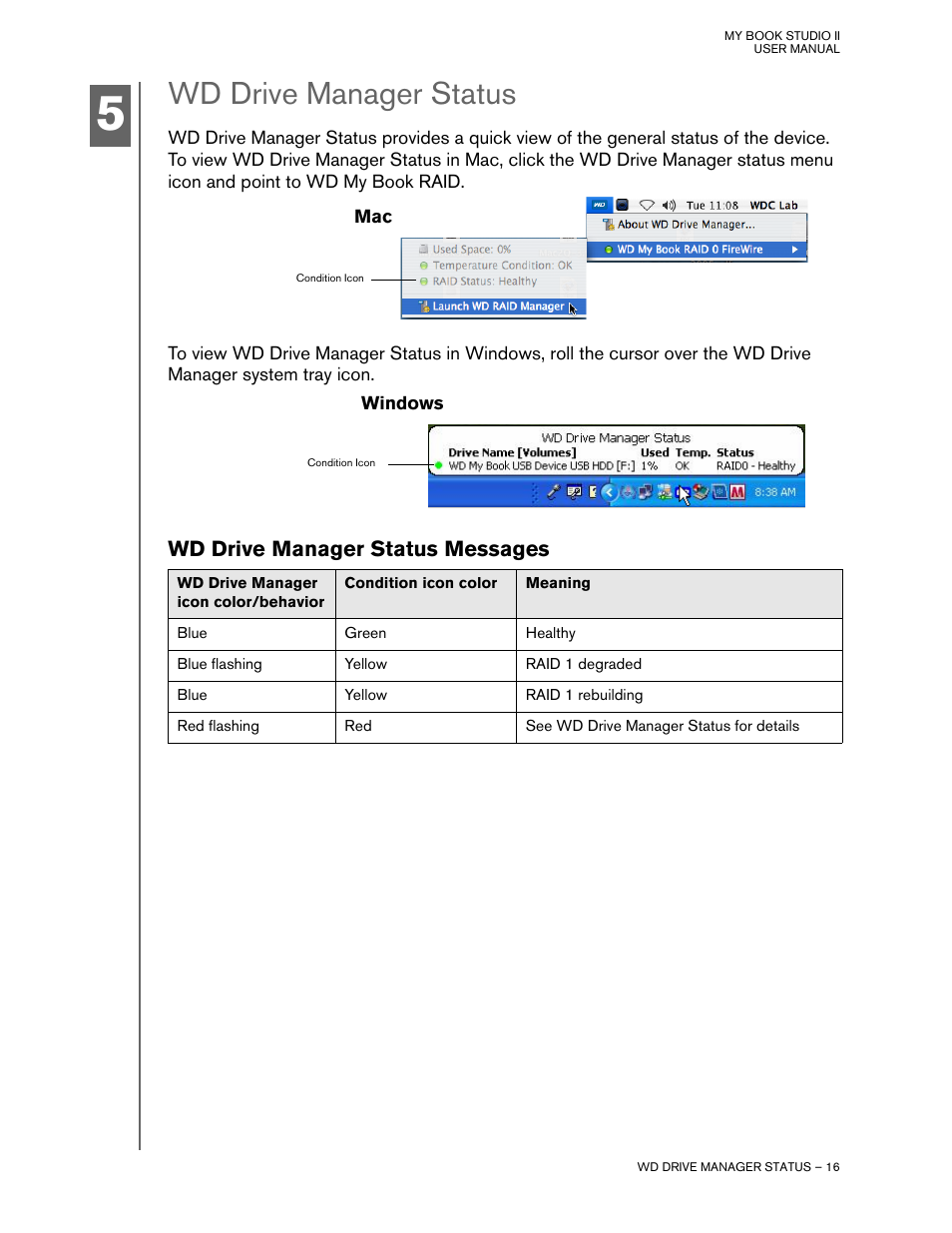 Wd drive manager status, Wd drive manager status messages | Western Digital My Book Studio Edition II User Manual | Page 19 / 38