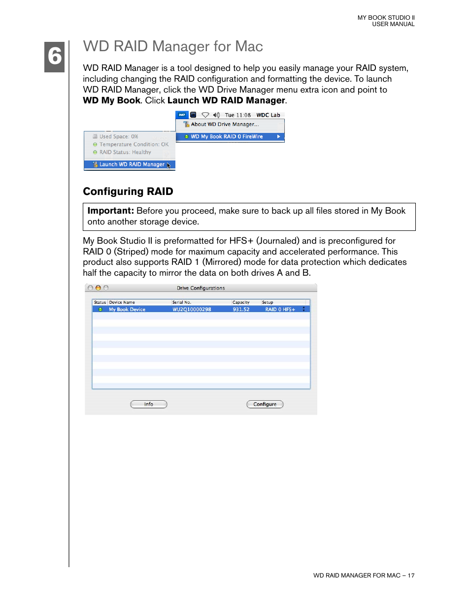 Wd raid manager for mac, Configuring raid | Western Digital My Book Studio Edition II User Manual | Page 20 / 38