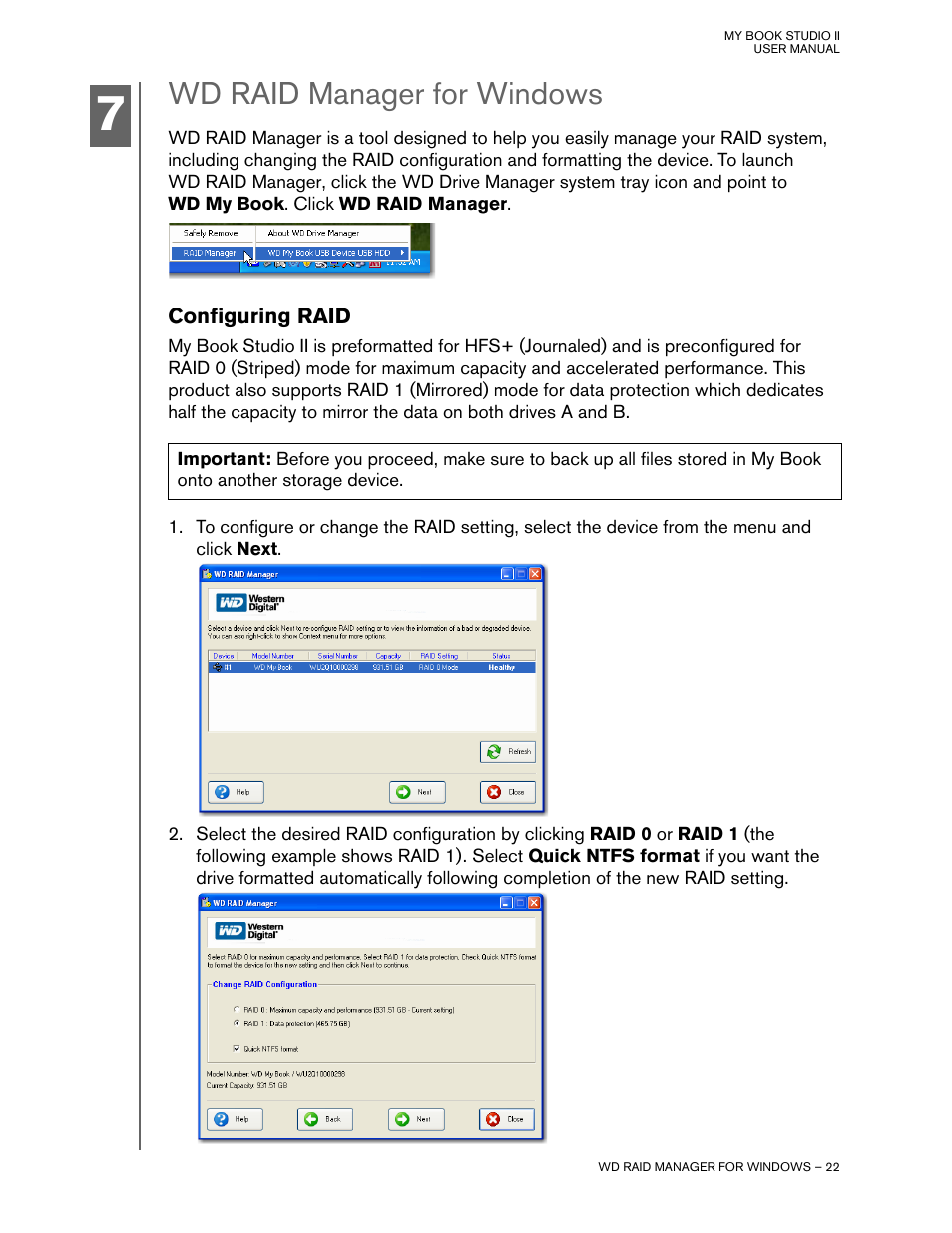 Wd raid manager for windows, Configuring raid | Western Digital My Book Studio Edition II User Manual | Page 25 / 38