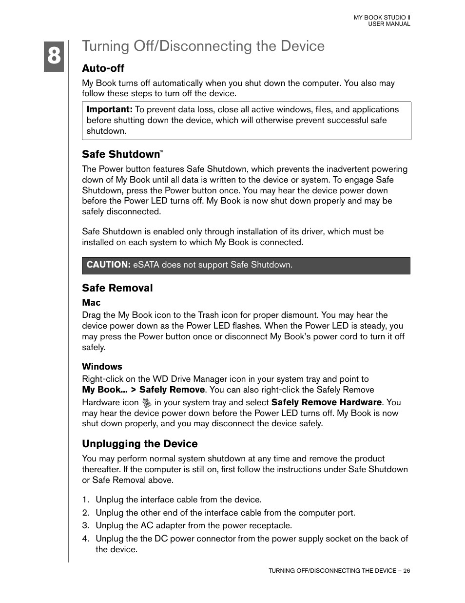 Turning off/disconnecting the device, Auto-off, Safe shutdown | Safe removal, Windows, Unplugging the device | Western Digital My Book Studio Edition II User Manual | Page 29 / 38