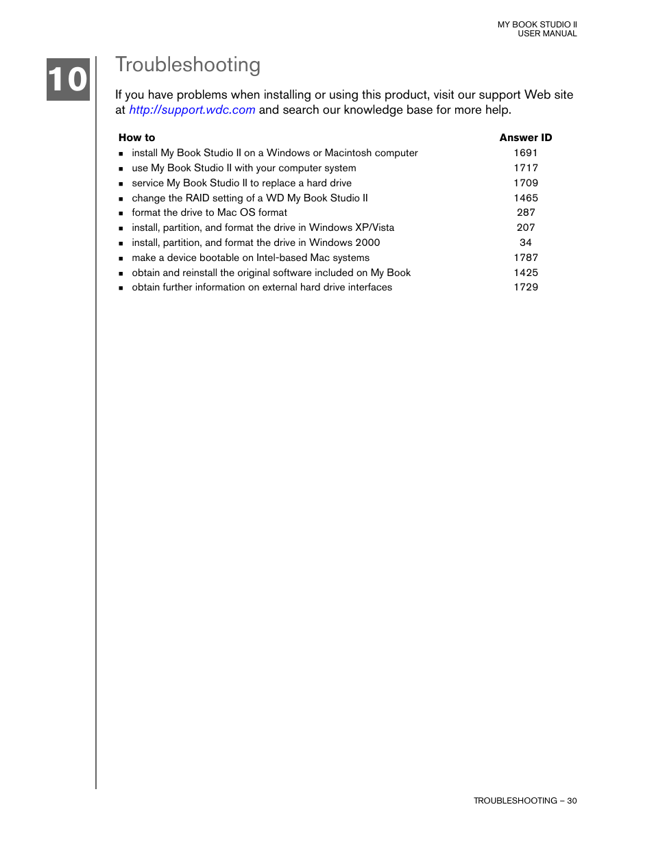 Troubleshooting, How to, Answer id | Western Digital My Book Studio Edition II User Manual | Page 33 / 38