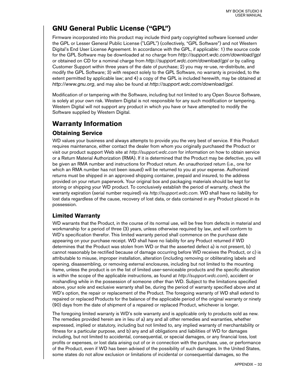Gnu general public license (“gpl”), Warranty information, Obtaining service | Limited warranty | Western Digital My Book Studio Edition II User Manual | Page 35 / 38