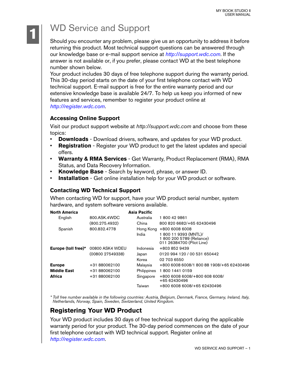 Wd service and support, Accessing online support, Contacting wd technical support | Registering your wd product | Western Digital My Book Studio Edition II User Manual | Page 4 / 38