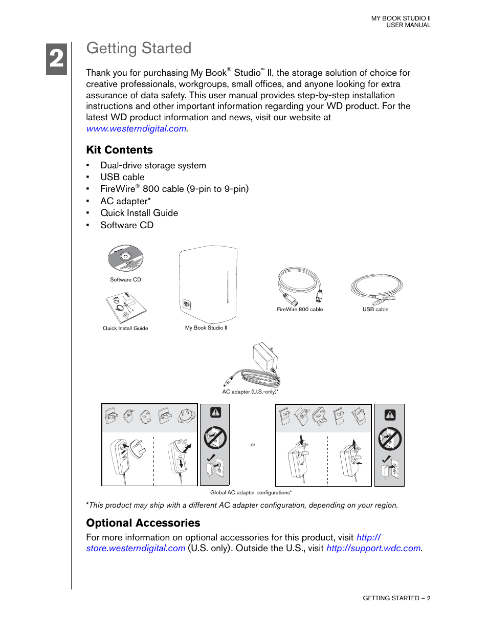 Getting started, Kit contents, Optional accessories | Western Digital My Book Studio Edition II User Manual | Page 5 / 38