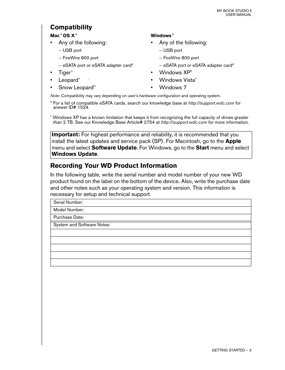 Compatibility, Mac® os x, Windows | Recording your wd product information | Western Digital My Book Studio Edition II User Manual | Page 6 / 38