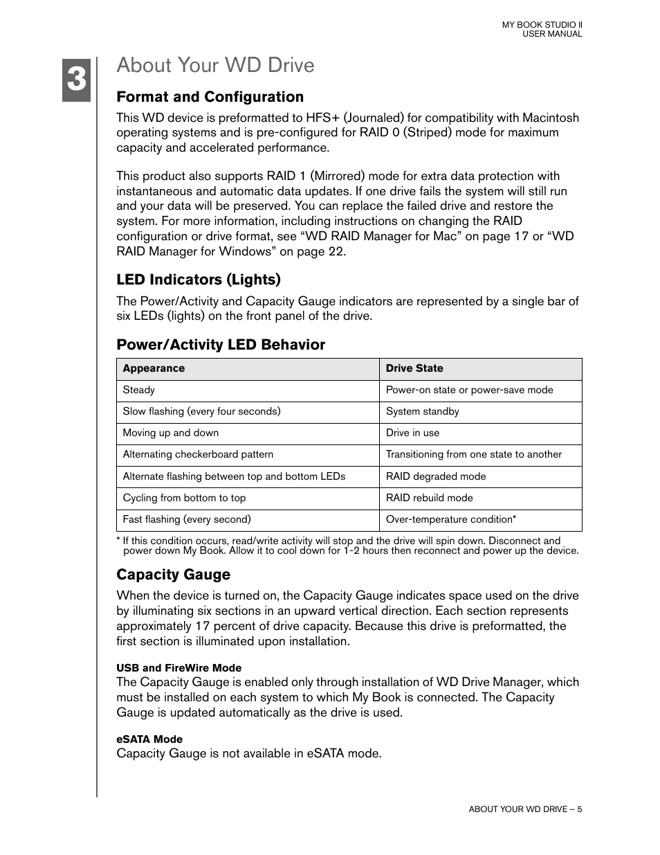 About your wd drive, Format and configuration, Led indicators (lights) | Power/activity led behavior, Capacity gauge, Usb and firewire mode, Esata mode | Western Digital My Book Studio Edition II User Manual | Page 8 / 38