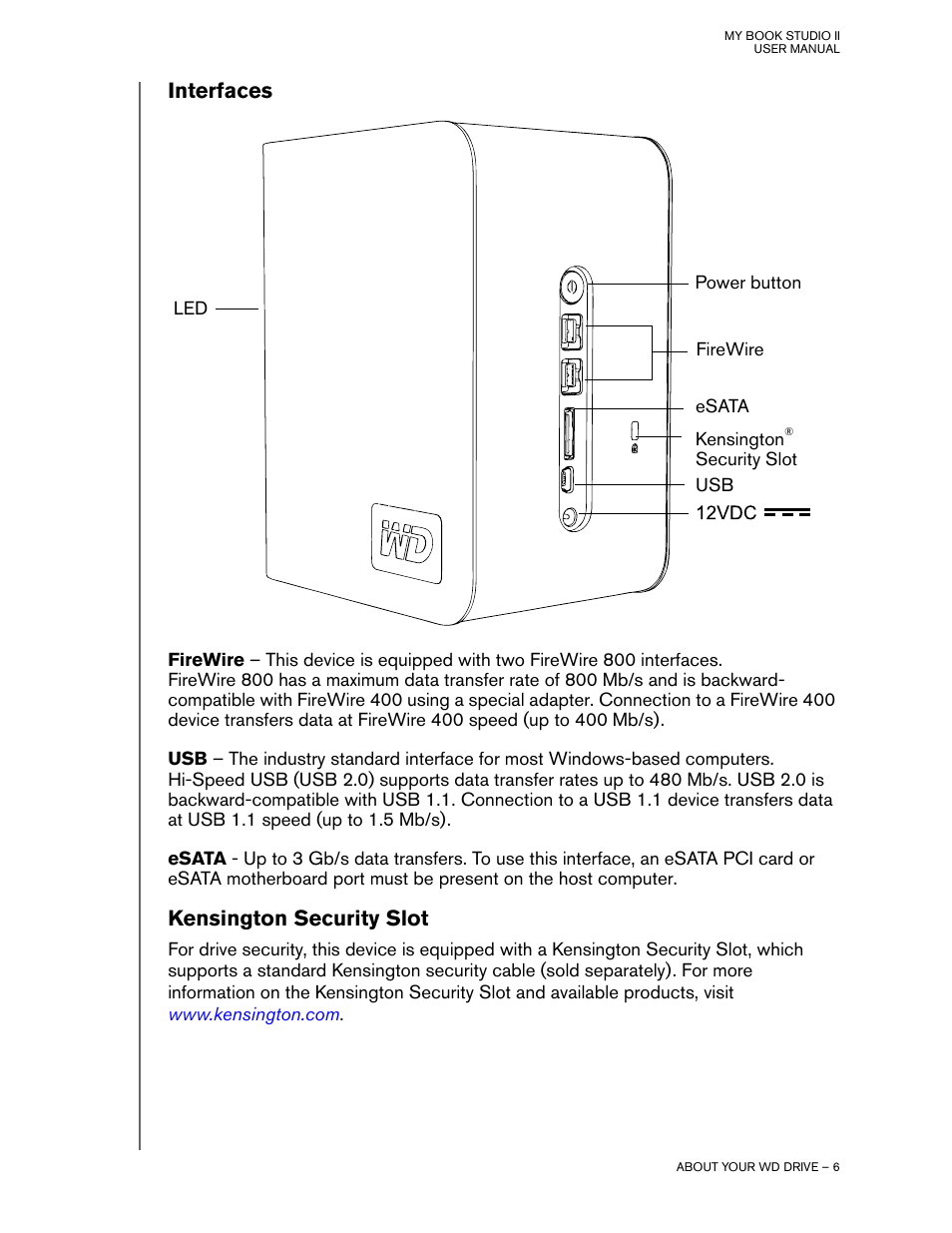 Kensington security slot, Interfaces | Western Digital My Book Studio Edition II User Manual | Page 9 / 38